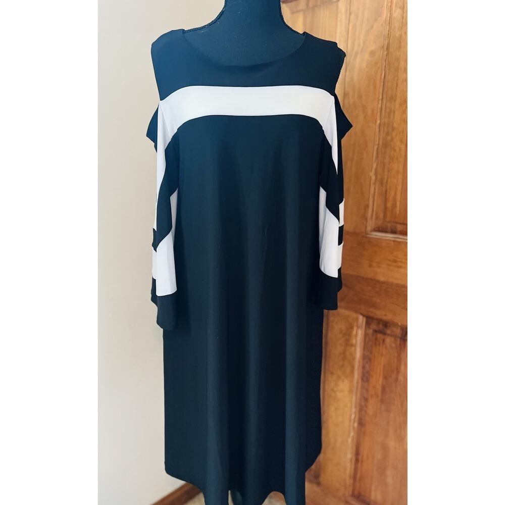 Women's Nina Leonard Draped Sleeve Cold-Shoulder Dress, Black Tan, Size XL - Picture 2 of 6